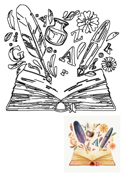 An expressive literary illustration featuring an open book with a quill pen, fountain pen, ink bottle, letters, and decorative flowers.