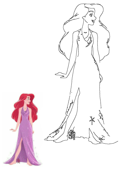 Ariel with long red hair wearing a shimmering purple halter dress with a high slit, standing barefoot. Includes an outline drawing for coloring.