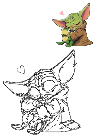Baby Yoda (Grogu) affectionately hugs a green frog with a heart symbol, shown as a vibrant illustration and a clean line art version.