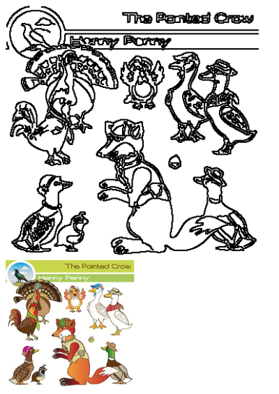Black and white outline clipart set of Henny Penny and Chicken Little characters like Foxy Loxy, Goosey Loosey, Turkey Lurkey, Ducky Lucky, and an acorn.