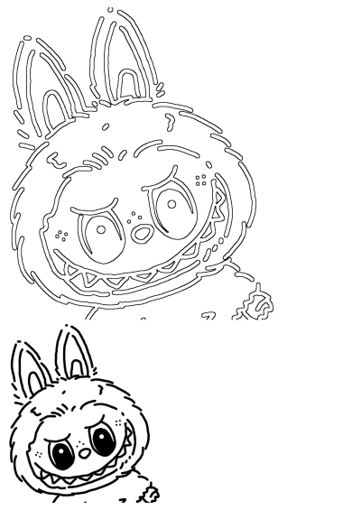Outline drawing of a cute monster with big eyes and rabbit ears, featuring a fuzzy head, wide grin, and sharp teeth.