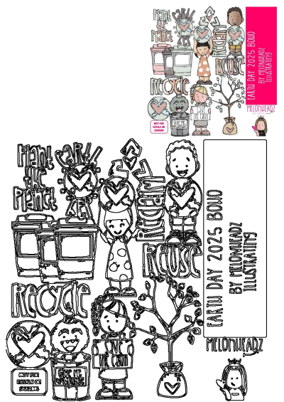 Boho Melonheadz Earth Day 2025 illustration promoting recycle, reuse, reduce with kids, planet, and eco-friendly messages. Perfect for environmental themes.