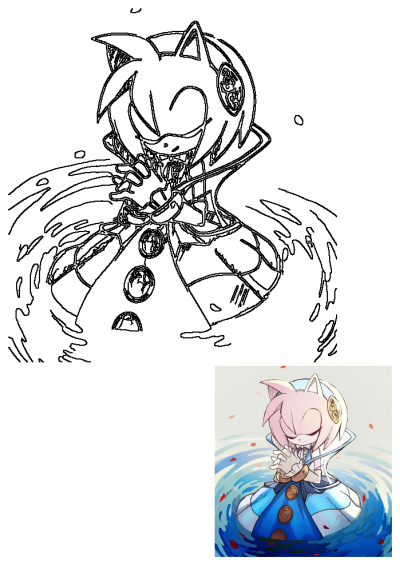 Amy Rose fan art outlines a serene hedgehog sitting in water with eyes closed, hands clasped, surrounded by splashes.