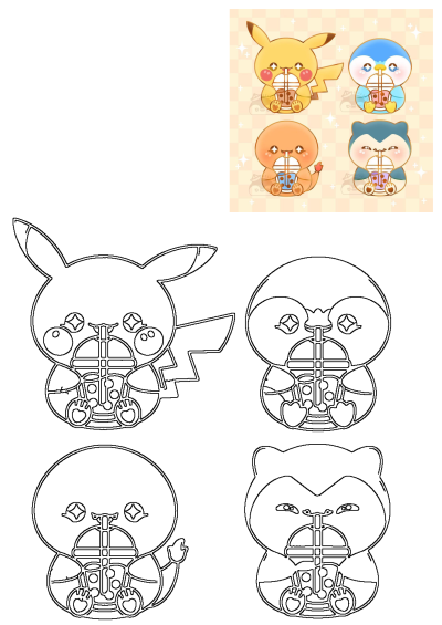 Cute cartoon Pokemon characters (Pikachu, Piplup, Charmander, Snorlax) happily sipping bubble tea, presented as colorful art and crisp line outlines.