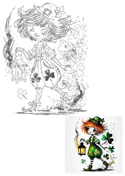 Cheerful St Patricks Day girl in green outfit & leprechaun hat, holding a lantern, surrounded by four leaf clovers & magic.