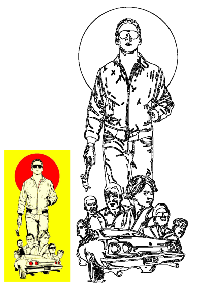 Detailed line art of the Drive movie poster. Features Ryan Gosling as the main man, a classic car, supporting people, and a sun design.