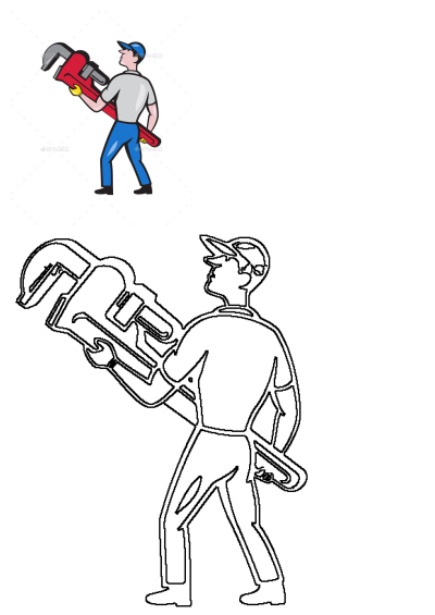A cartoon vector illustration of a plumber in a blue cap and uniform, holding a prominent giant red pipe wrench, looking up.
