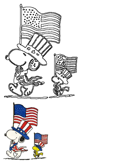 Snoopy and Woodstock, wearing patriotic Uncle Sam hats, march proudly with American flags. Features outline and colored versions.