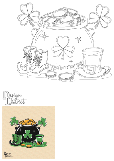 St. Patrick's Day illustration featuring a pot of gold coins, lucky shamrocks, festive leprechaun shoes, and a green top hat.