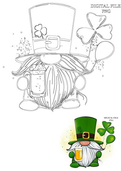 Festive St. Patrick's Day leprechaun gnome in a green hat with buckle, holding a foamy beer mug, surrounded by shamrocks & green balloons.