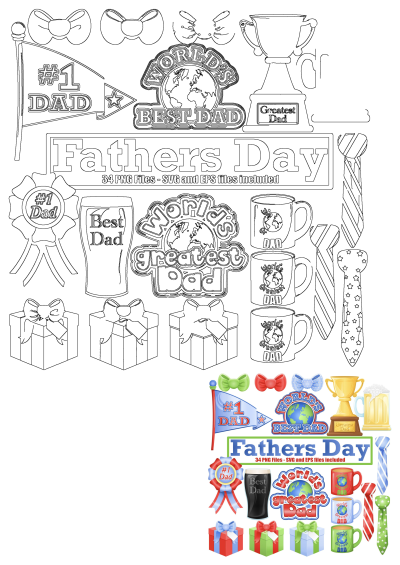 This Fathers Day clipart collection features gifts, ties, trophies, mugs, bow ties, and ribbons for the World's Greatest Dad.