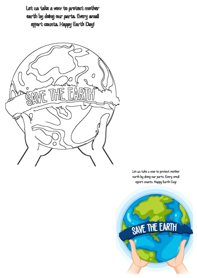 World Earth Day 'Save The Earth' graphic with hands holding planet Earth. Features outline & colored versions, promoting protection for our planet.