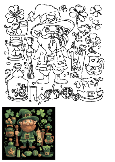 St. Patrick's Day illustration: a jolly leprechaun with shamrocks, broom, festive hat, and pots of gold coins.