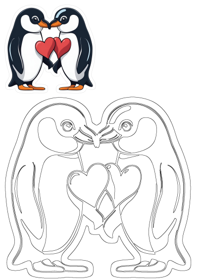 A charming illustration of two penguins in love, holding red hearts, designed for Valentine's Day, alongside an outline version.