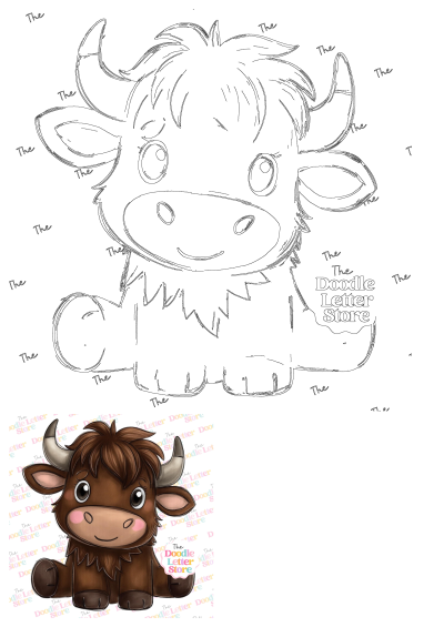 A cute Highland cow illustration featuring both a colored design and a black outline, perfect for Western sublimation DTF clip art.