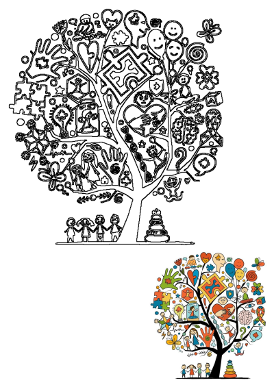 Colorful drawing of a diversity tree with symbols for children, inclusion, and education. Features diverse kids, puzzle pieces, hearts, and brains.