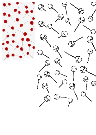 A fun background of red lollipops scattered on a white surface, featuring sweet treats alongside a line art version, perfect for candy themes.