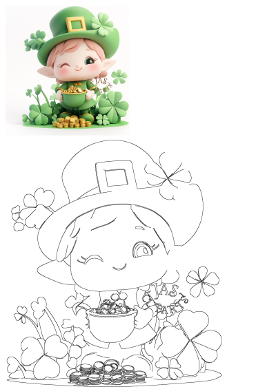 A cute leprechaun character in a green hat, winking, holding a pot of gold, surrounded by shamrocks and coins.