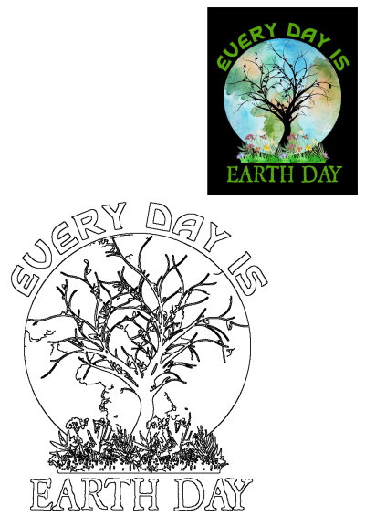 Earth Day poster design with a tree, watercolor Earth background, grass, flowers, and 'EVERY DAY IS EARTH DAY' text. Includes outline art.