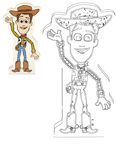 Toy Story Woody cowboy sticker character waving, presented with a black and white outline for drawing or crafts.