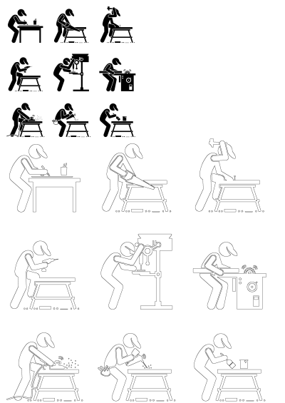 Black and white silhouettes and outline icons of a craftsman performing woodworking tasks like sawing, drilling, and painting at a workbench.