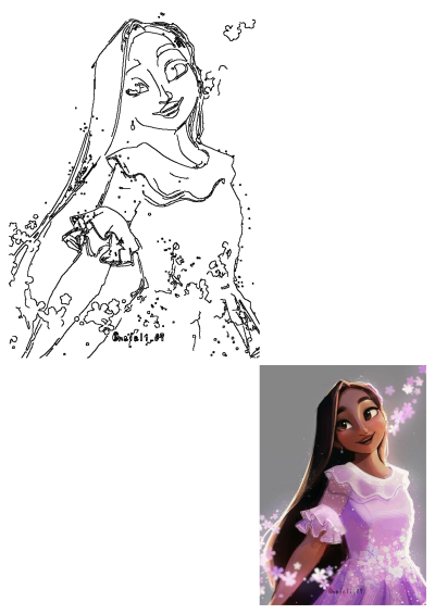Digital artwork of Mirabel Madrigal from Encanto, smiling in a purple ruffled dress with flowing hair and glowing flowers. Includes line art.