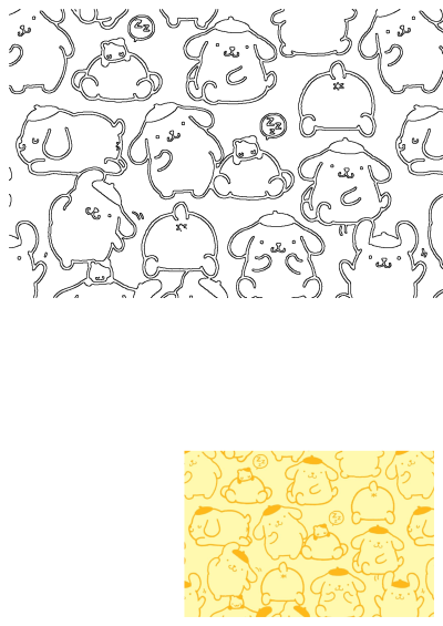 Cute Pompompurin characters in a seamless pattern, displaying various playful and sleeping poses on a soft yellow background.