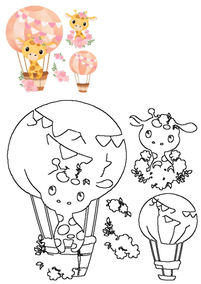 Watercolor image of a cute baby giraffe riding a pink hot air balloon with flowers and banners. Includes separate giraffe and floral accents.