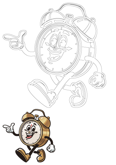 A cheerful cartoon alarm clock mascot character, part of a hand-drawn logo design, shown both in color and as an outline, smiling and pointing.
