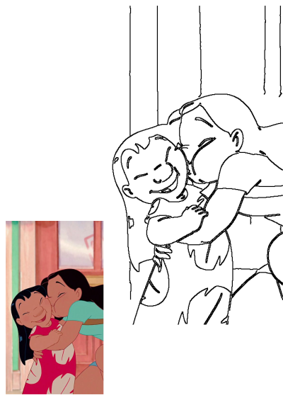 Lilo and Stitch's heartwarming scene showing Nani kissing Lilo's cheek in an affectionate hug. Features both the animated and outline versions.