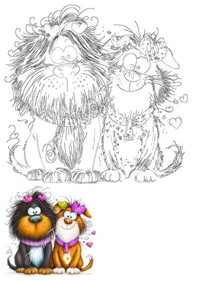 Whimsical quirky Valentine's dogs clipart featuring a cute pair with hearts, perfect for romantic designs and fun projects.