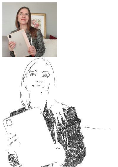 A smiling Cocoart UA creative professional, an illustrator and pattern designer, holding an iPad Pro with Apple Pencil.