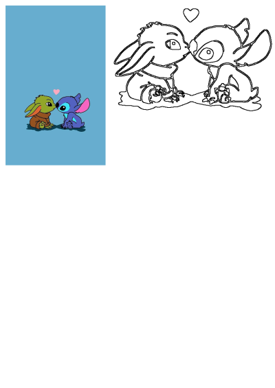 Baby Yoda and Stitch, adorable cartoon characters, share a sweet kiss in a vibrant illustration on blue, accompanied by a black and white outline.