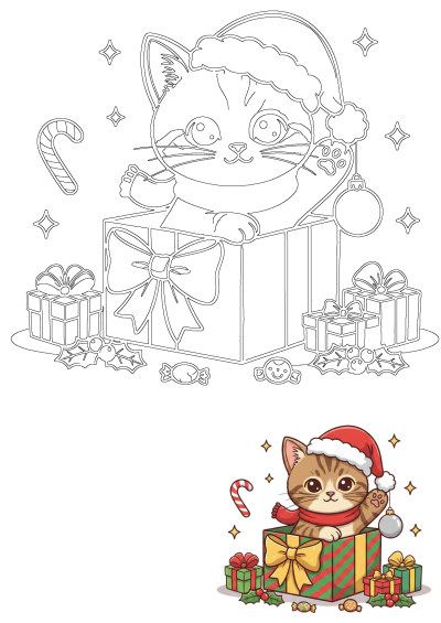 Cute Christmas kitten wearing a Santa hat popping out of a gift box, surrounded by festive presents, candy, and holly.