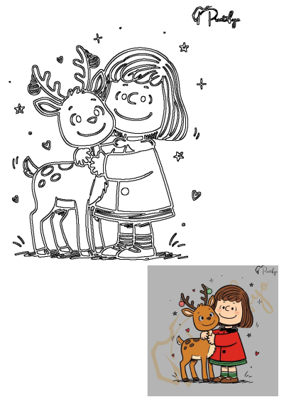 A heartwarming illustration of a cute girl hugging a spotted reindeer adorned with Christmas ornaments, surrounded by festive stars and hearts.