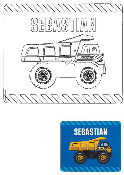 Sebastian's yellow Tonka dump truck on a blue grid background with diagonal stripes, alongside its black outline version.