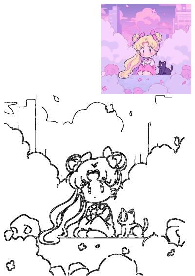 Cute chibi Sailor Moon anime girl with black cat Luna, sitting on pink clouds overlooking a dreamy pastel cityscape. Perfect for fans.