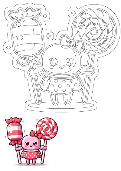 Cute cartoon candy character girl in a pink polka dot dress with a bow, smiling and holding two festive lollipops.