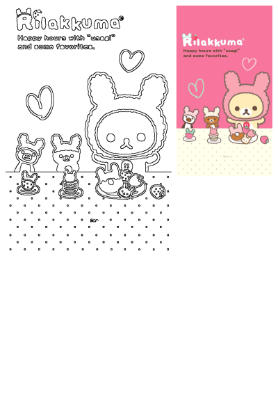 Rilakkuma and friends (Usagi bunny costumes) enjoy happy hours with desserts on a pink and white background. Includes both outline and colored cartoon animals.