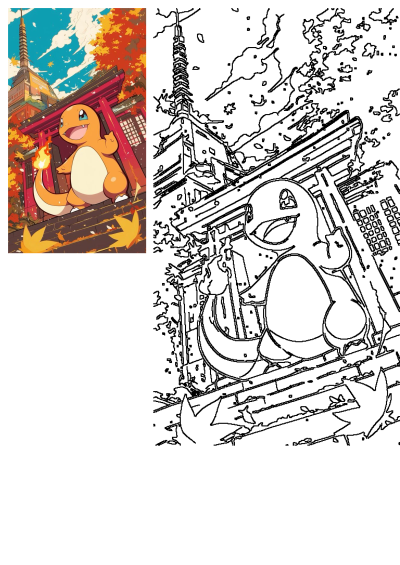 A happy Charmander cartoon Pokemon stands near a Japanese building with a torii gate and pagoda, set amidst beautiful autumn leaves.