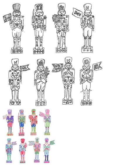 A collection of whimsical nutcracker illustrations, featuring both black and white line art and vibrant watercolor designs. Figures hold flags with 'Love,' 'Hope,' 'Faith,' 'Merry Christmas,' and 'Oh Joy!', or festive bouquets.