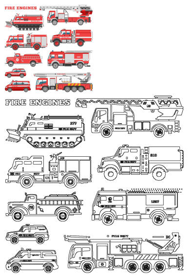 A collection of fire engines, including ladder trucks and various emergency vehicles, presented as colorful illustrations and outlined drawings.