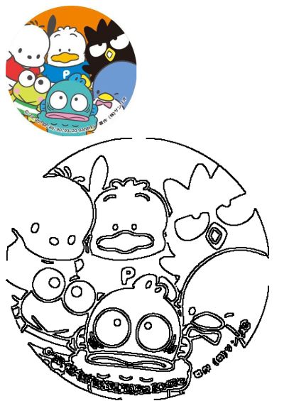 Sanrio character sticker with Pekkle, Badtz-Maru, Hangyodon, Pochacco, and Keroppi, plus an outline for creative coloring.