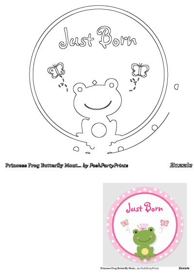 Outline design for a Just Born Princess Frog polka dot sticker featuring a crowned frog and butterflies, perfect for baby showers.