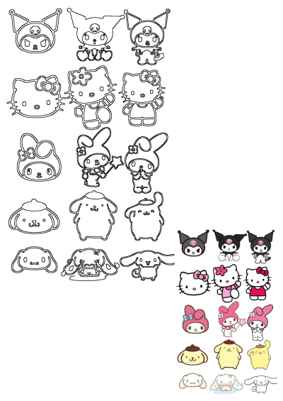 A collection of Sanrio character designs featuring Hello Kitty, Kuromi, My Melody, Pompompurin, and Cinnamoroll, including outlines and vibrant stickers.