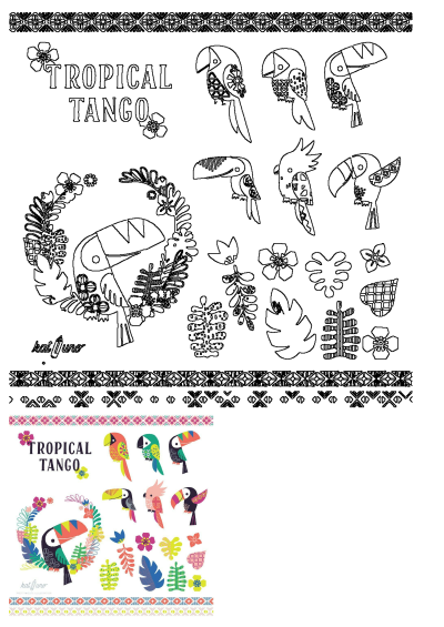 Tropical Tango birds and flowers illustration on white background. Features exotic toucans, parrots, lush foliage, and decorative borders.
