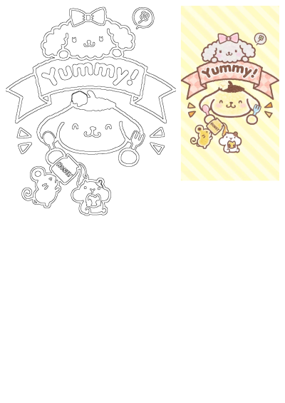 Adorable kawaii characters like Pompompurin and a fluffy friend enjoy a yummy honey dessert feast, with tiny mice and a sweet banner.