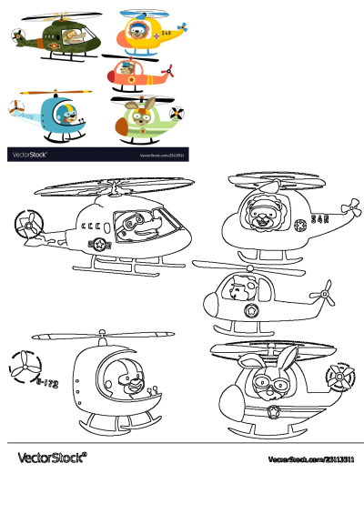 A collection of cheerful cartoon animals, including a pilot dog, bear, and monkey, flying colorful helicopters with outline versions.