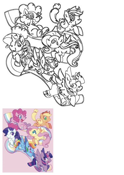 Cute cartoon My Little Pony characters like Pinkie Pie, Rainbow Dash, and Twilight Sparkle flying on a vibrant rainbow trail.