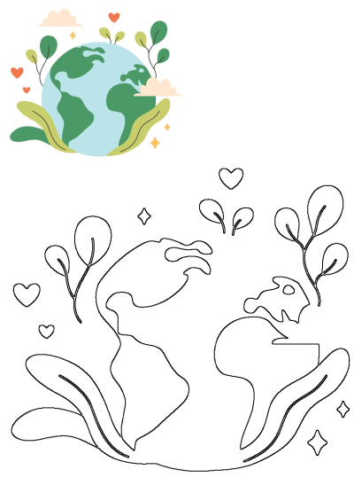 Vibrant Earth Day illustration featuring the globe with green trees, red hearts, and clouds, with a corresponding outline.